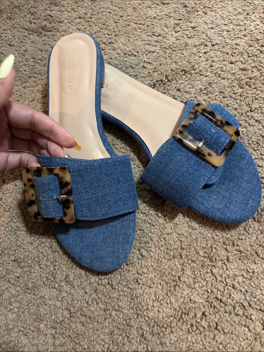 Scoop Denim Slide Mules with Tortoiseshell Buckle - Blue